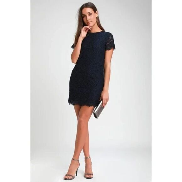 LULUS Take Me to Brunch Navy Blue Lace Shift Mini Cocktail Dress Size XS - Picture 1 of 11